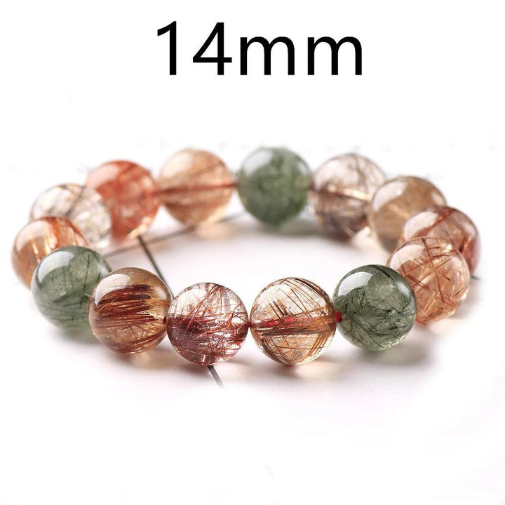 Natural Colorful Rutilated Quartz Beads Bracelet, 14mm round beads with red, green, copper, clear inclusions.