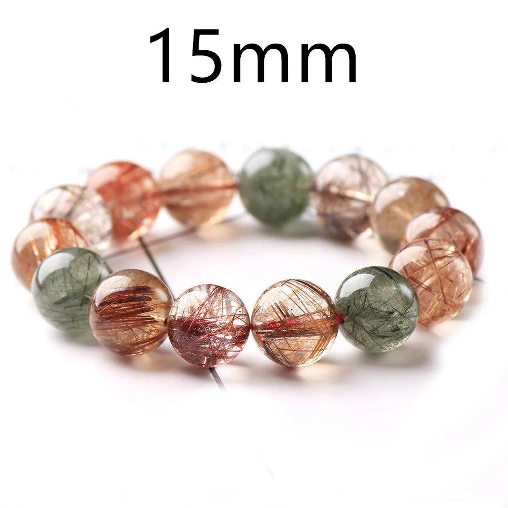 Natural Colorful Rutilated Quartz Beads Bracelet, 15mm round beads with red, green, copper, clear inclusions.