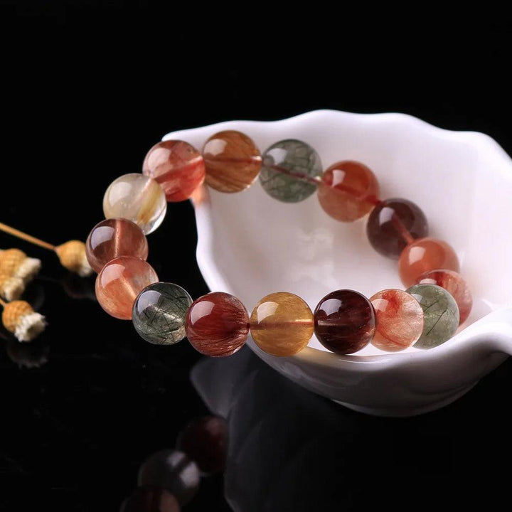 Natural Colorful Rutilated Quartz Beads Bracelet with red, green, copper, and clear round beads, AAAAA grade.