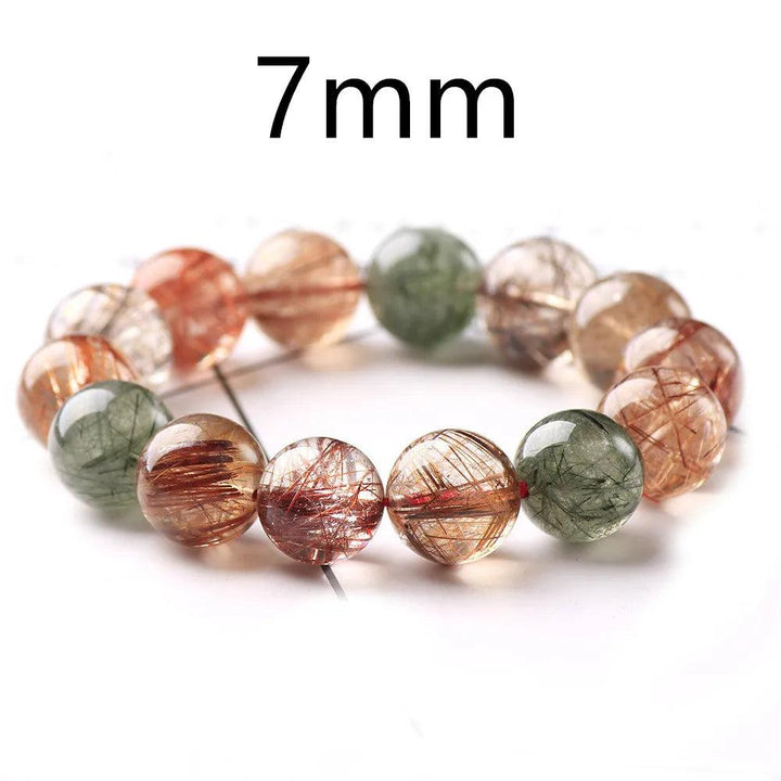 Natural Colorful Rutilated Quartz Beads Bracelet, 7mm round beads with red, green, copper, and clear inclusions.