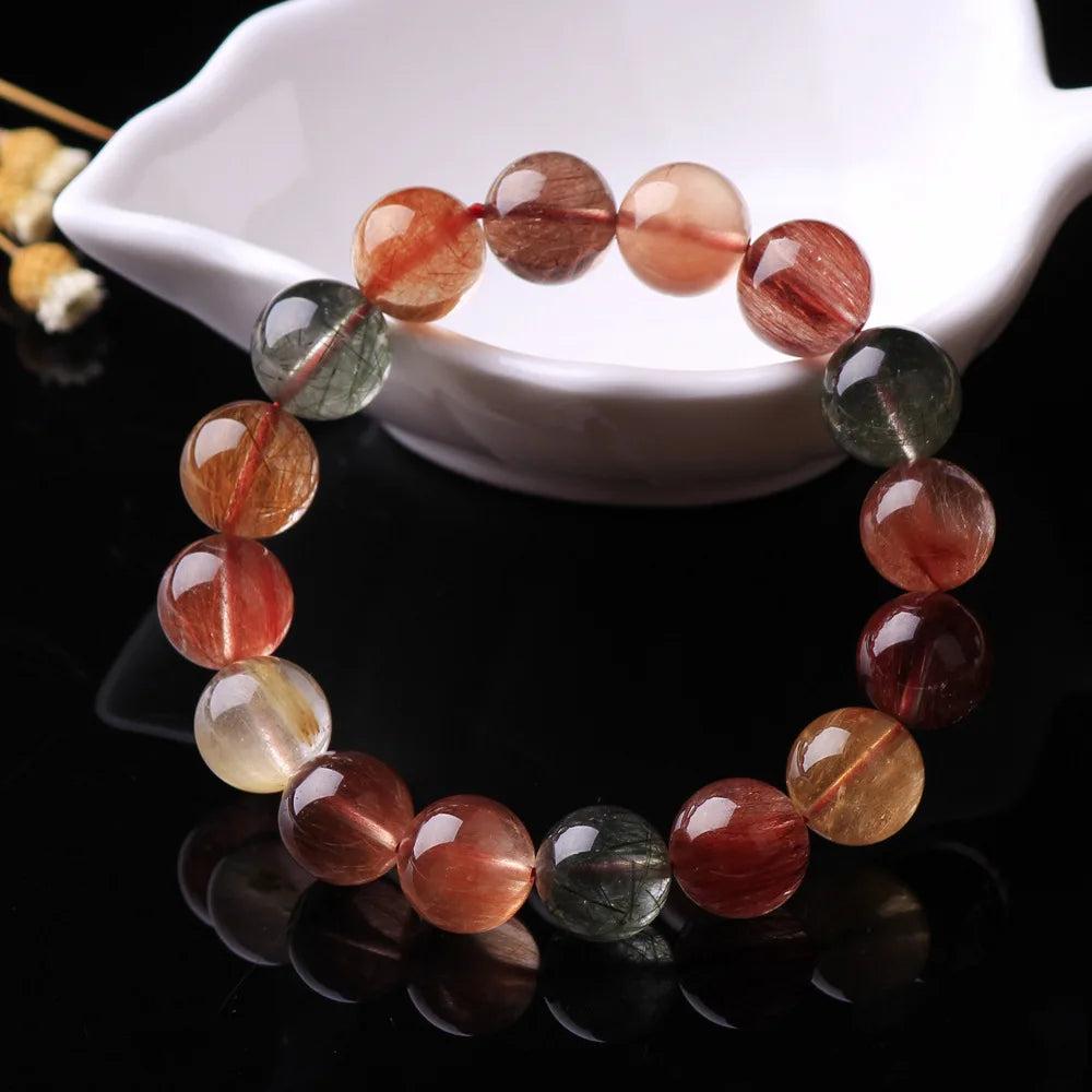 Natural Colorful Rutilated Quartz Beads Bracelet with red, green, copper, and clear round beads, AAAAA grade.