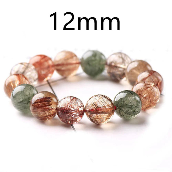 Natural Colorful Rutilated Quartz Beads Bracelet, 12mm round beads with red, green, copper, and clear inclusions.