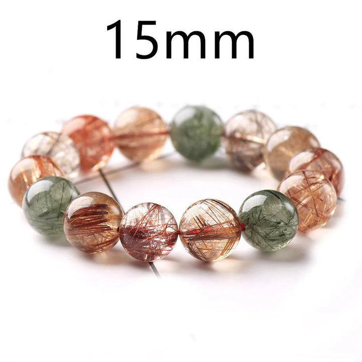 Natural Colorful Rutilated Quartz Beads Bracelet, 15mm round beads with red, green, copper, clear inclusions.
