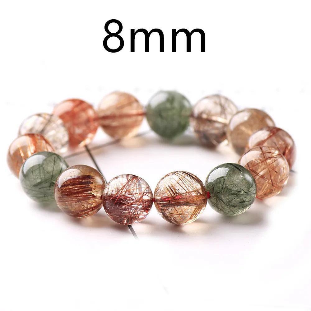 Natural Colorful Rutilated Quartz Beads Bracelet, 8mm round beads with red, green, copper, and clear inclusions.