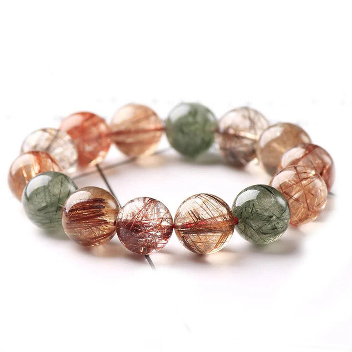Natural Colorful Rutilated Quartz Beads Bracelet with red, green, copper, and clear round beads, AAAAA grade.