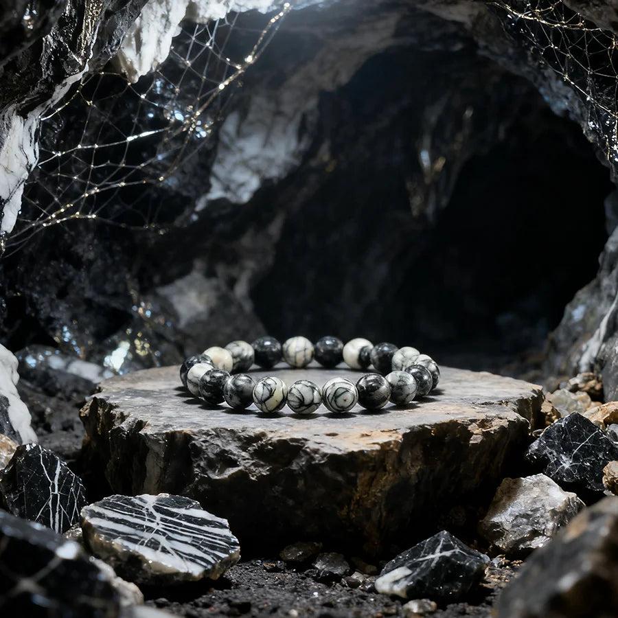 Original Tree Agate Bracelet with natural black and white stone beads, promoting healing and spiritual balance.