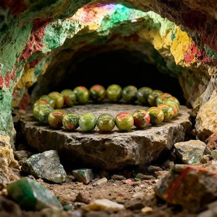 Original Tree Agate Bracelet with natural green and red stone beads, promoting healing and spiritual balance, displayed in a vibrant cave.