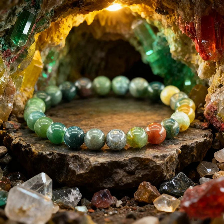 Original Tree Agate Bracelet with natural, polished green, yellow, and red stone beads, promoting healing and spiritual balance.