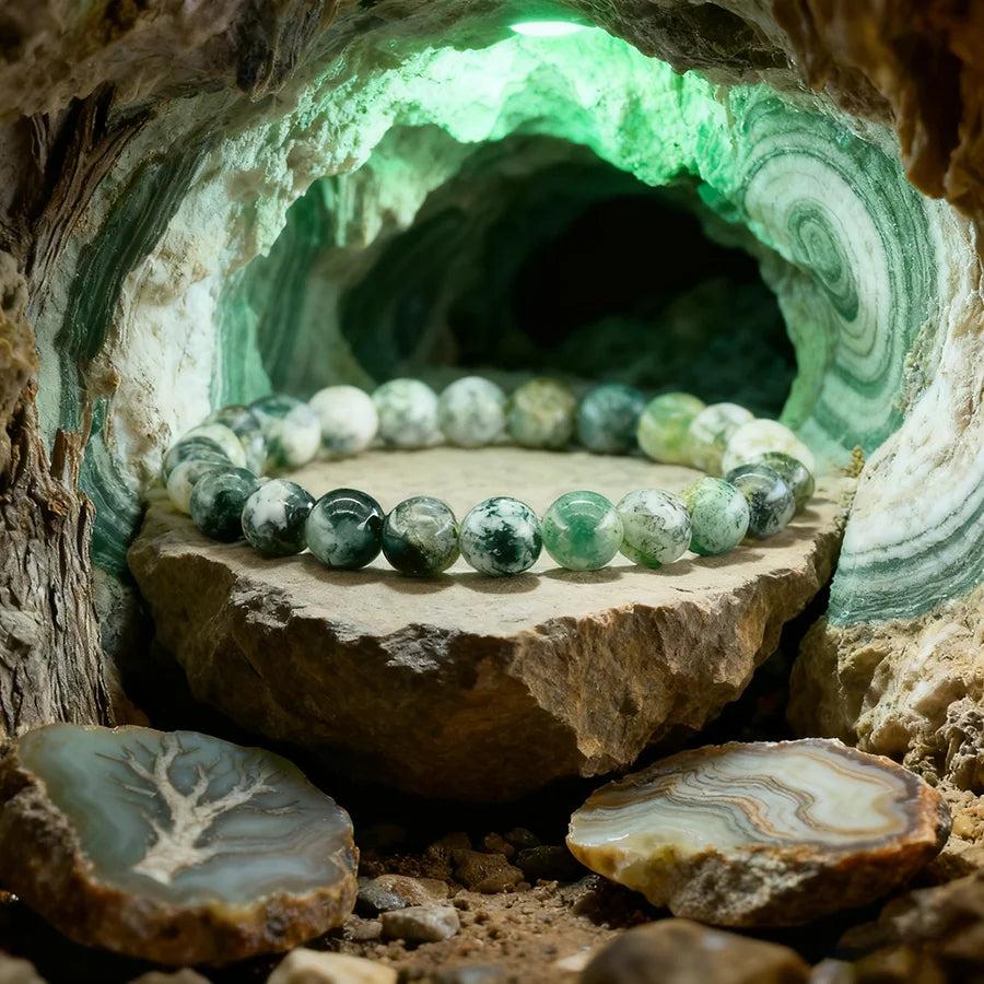 Original Tree Agate Bracelet with natural green and white stone beads, promoting healing and spiritual balance.