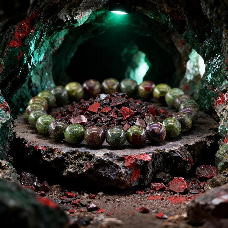 Original Tree Agate Bracelet with natural green and red stone beads, promoting healing and spiritual balance.