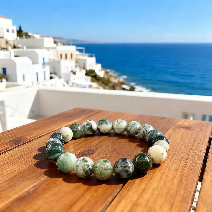 Original Tree Agate Bracelet with natural green and white stone beads, perfect for healing, yoga, and meditation.