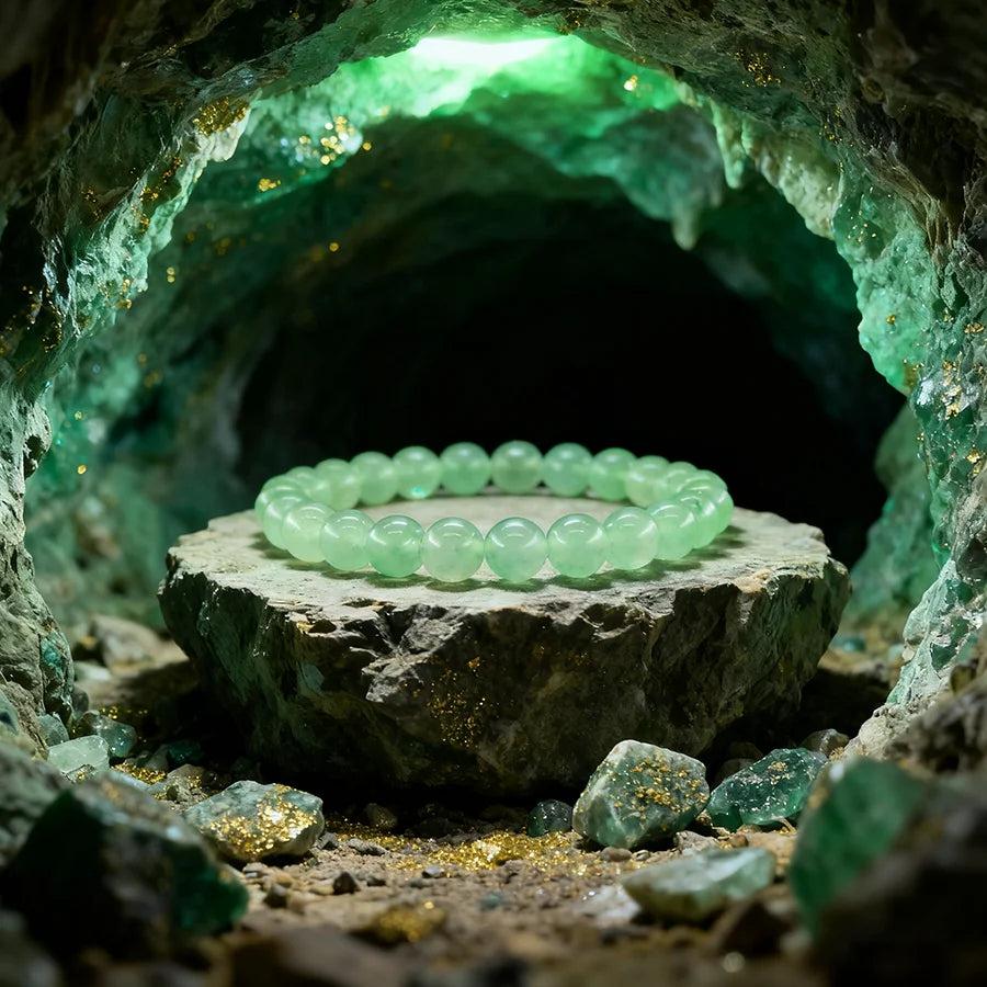 Original Tree Agate Bracelet with natural green healing crystal beads, displayed in a mystical cave setting.