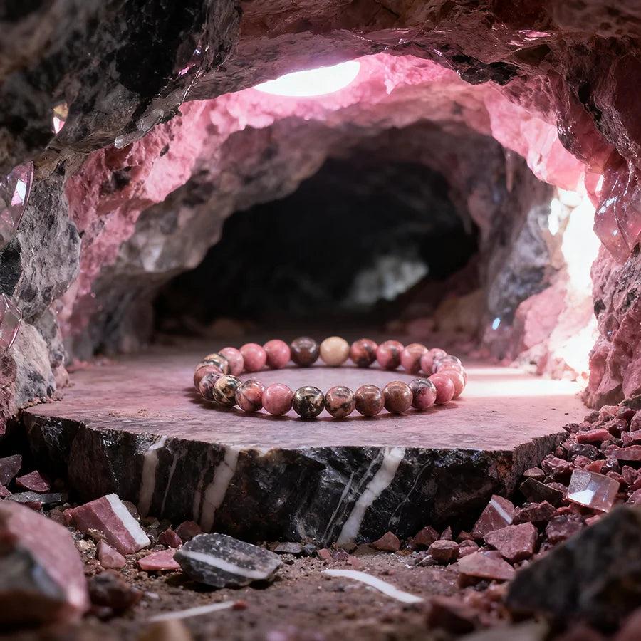 Original Tree Agate Bracelet with natural stone beads, promoting healing and spiritual balance, displayed in a pink crystal cave.