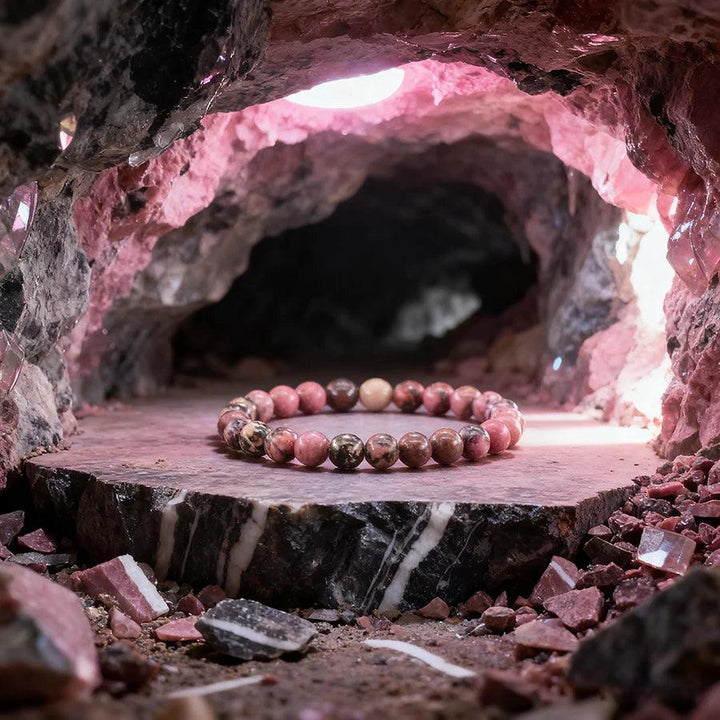 Original Tree Agate Bracelet with natural stone beads, promoting healing and spiritual balance, displayed in a pink crystal cave.