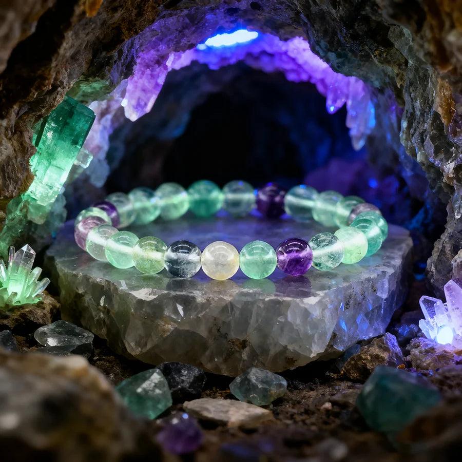 Original Tree Agate Bracelet with natural stone healing crystals, featuring vibrant green, purple, and clear beads.