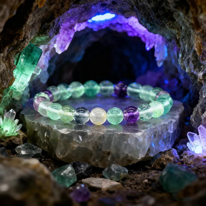 Original Tree Agate Bracelet with natural stone healing crystals, featuring vibrant green, purple, and clear beads.