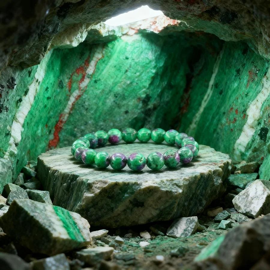 Original Tree Agate Bracelet with natural green and purple beads, a healing crystal for spiritual yoga and meditation.
