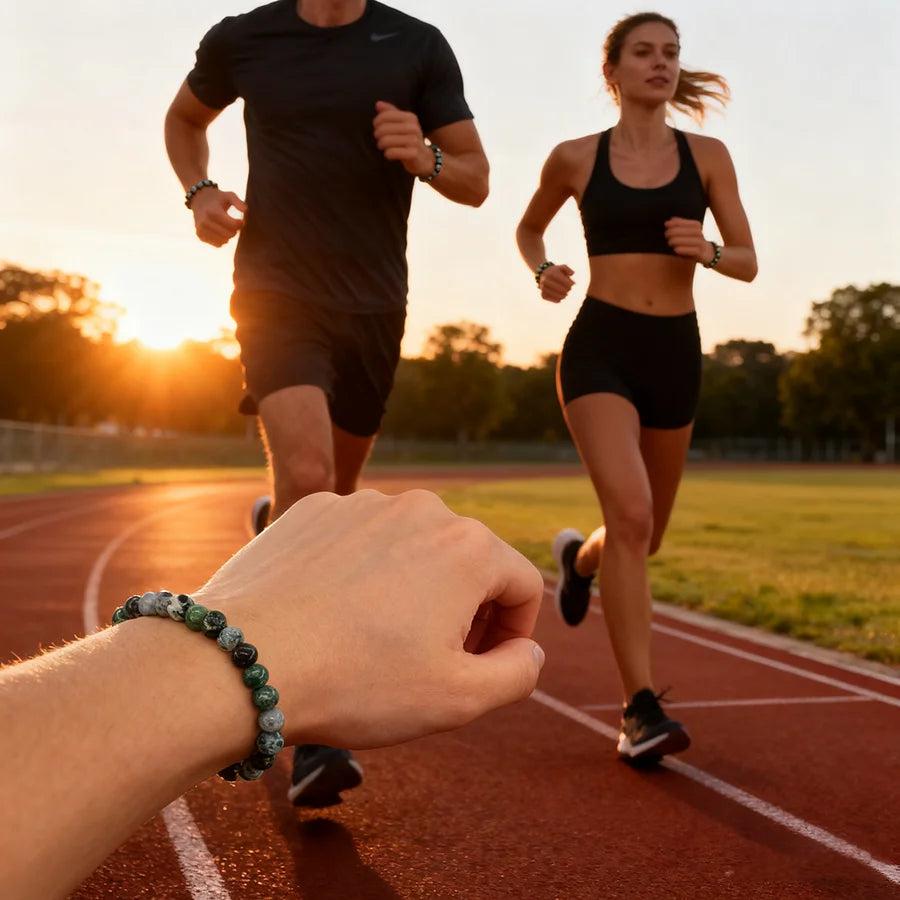 Original Tree Agate Bracelet, a natural stone healing crystal, worn by runners for spiritual yoga meditation and improved capillary function.