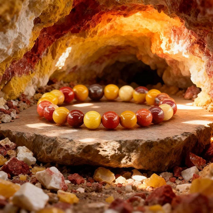 Original Tree Agate Bracelet with natural red, yellow, and brown stone beads, promoting healing and spiritual balance.