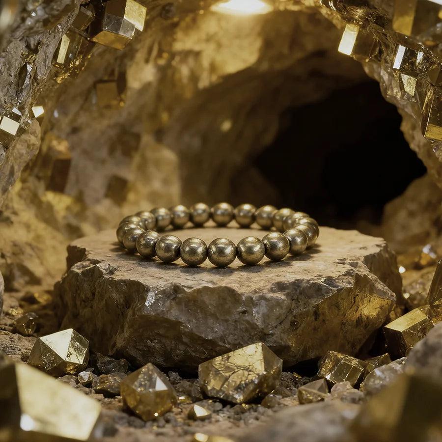 Original Tree Agate Bracelet with natural stone beads, perfect for healing, yoga, and meditation, displayed in a golden crystal cave.