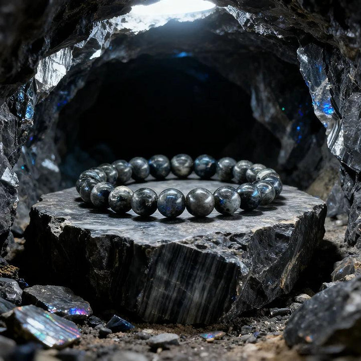 Original Tree Agate Bracelet with natural stone beads, promoting healing and spiritual balance, displayed on a dark rock.