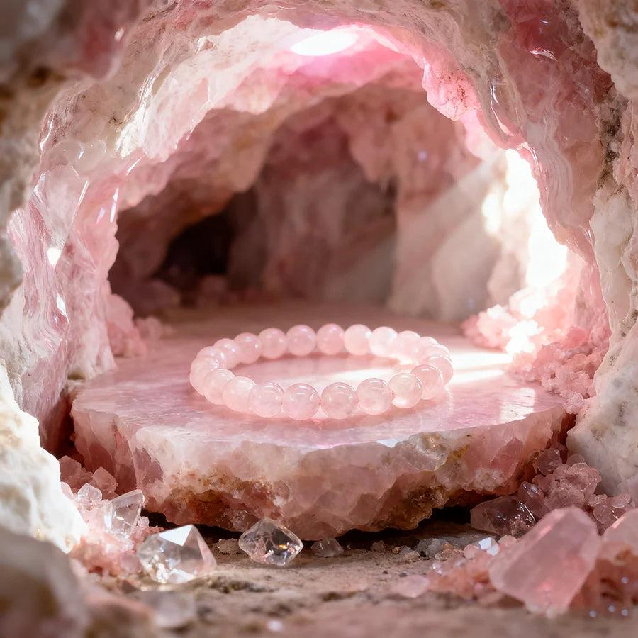 Original Tree Agate Bracelet: Natural healing crystal beads in a soft pink cave, promoting spiritual yoga and meditation.