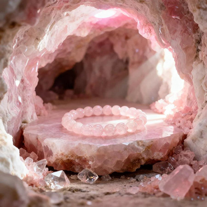 Original Tree Agate Bracelet: Natural healing crystal beads in a soft pink cave, promoting spiritual yoga and meditation.