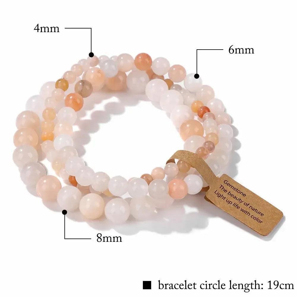 Natural Crystals Beaded Bracelet Set: 3 peach moonstone bracelets with 4mm, 6mm, and 8mm beads.
