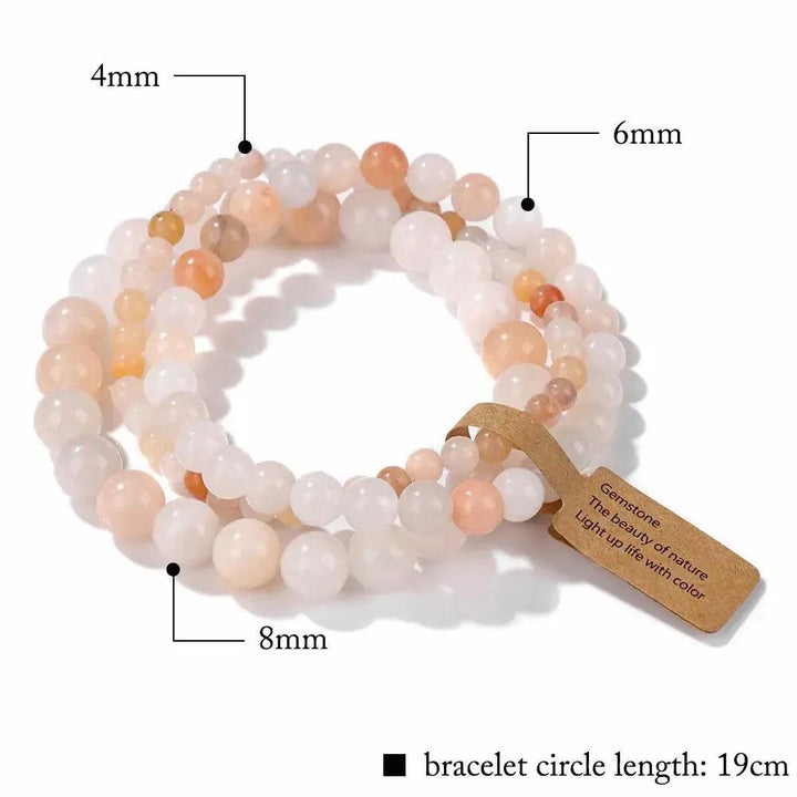 Natural Crystals Beaded Bracelet Set: 3 peach moonstone bracelets with 4mm, 6mm, and 8mm beads.