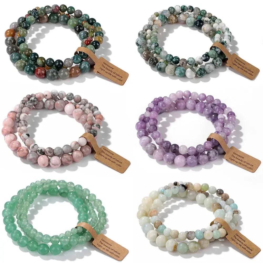 Natural Crystals Beaded Bracelet Sets 3-Piece in various colors like green aventurine, amethyst, and rose quartz.