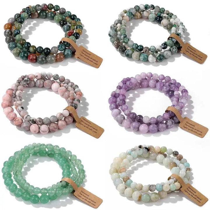 Natural Crystals Beaded Bracelet Sets 3-Piece in various colors like green aventurine, amethyst, and rose quartz.