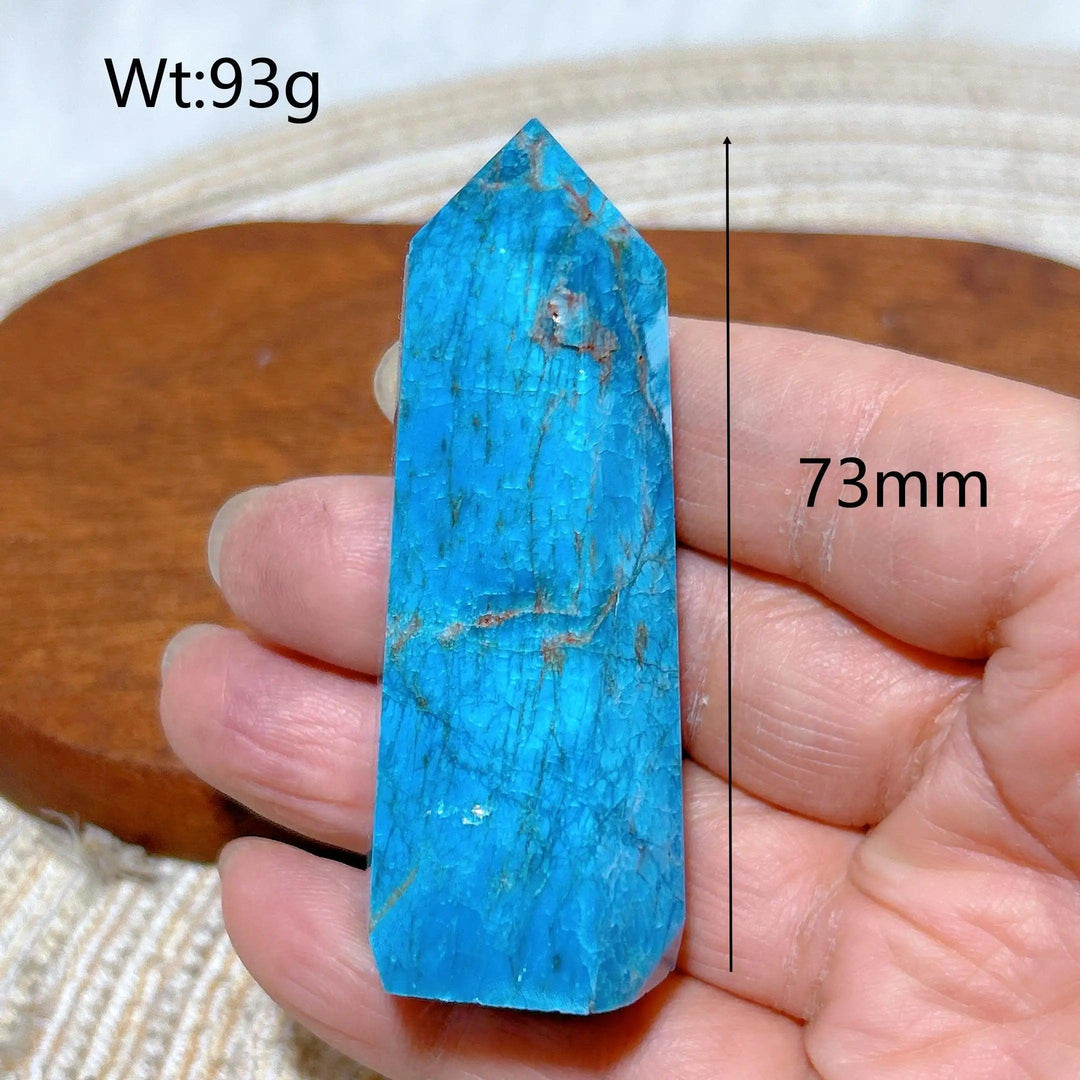 73mm blue flashy apatite crystal tower, a 93g natural gemstone point for Reiki healing and home decor.