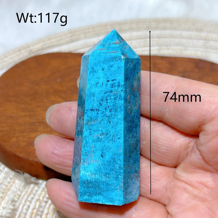 74mm blue flashy Apatite crystal tower, a high-quality natural healing gemstone for Reiki and home decor.