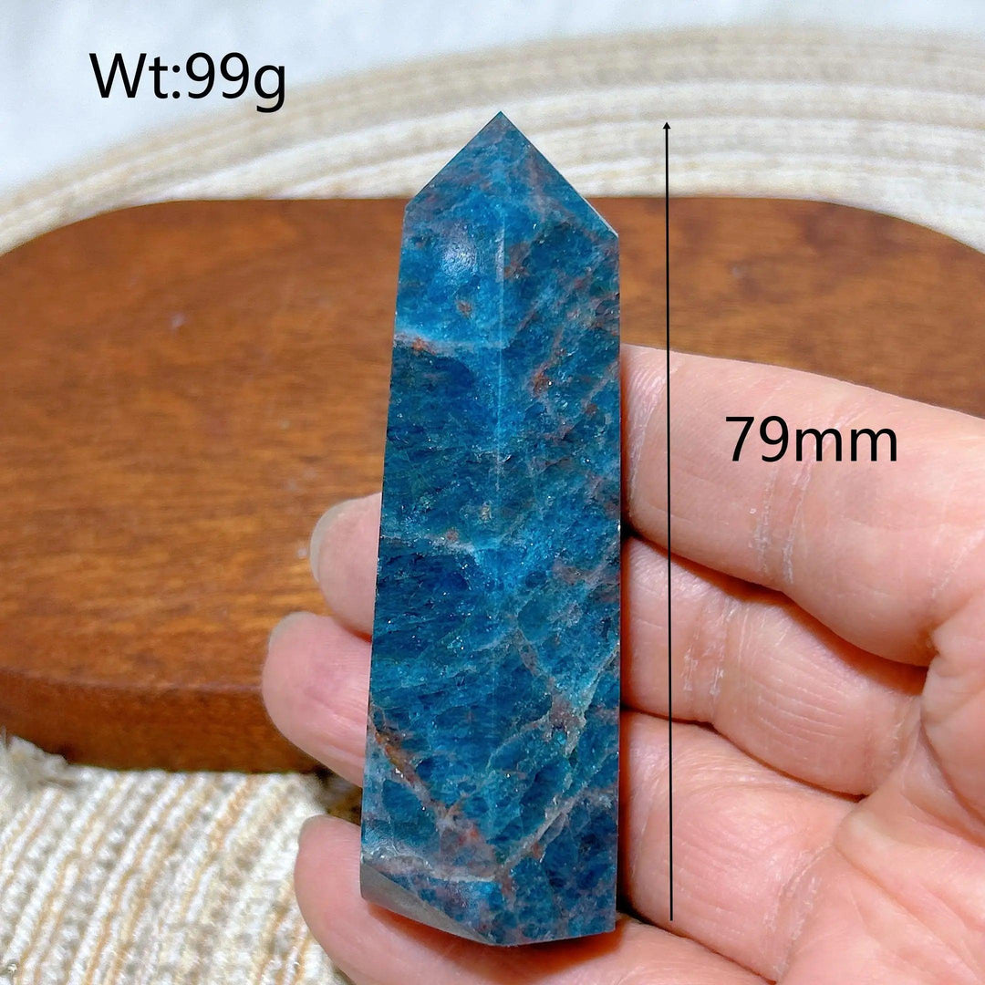 79mm natural blue flashy Apatite crystal tower, a high-quality healing gemstone point for Reiki and home decor.