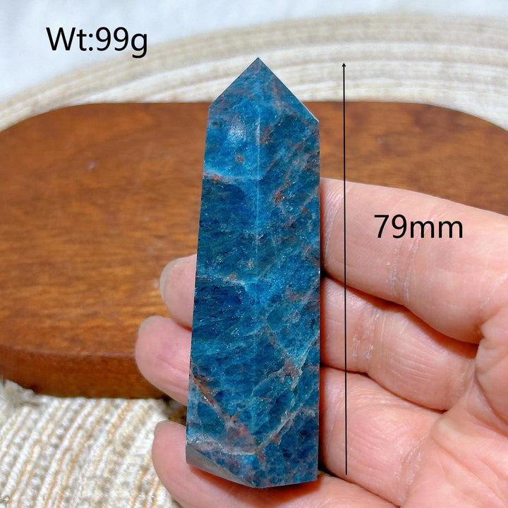 79mm natural blue flashy Apatite crystal tower, a high-quality healing gemstone point for Reiki and home decor.