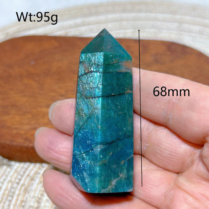 68mm natural blue flashy Apatite crystal tower, a high-quality healing gemstone ornament with vibrant mineral sparkles.