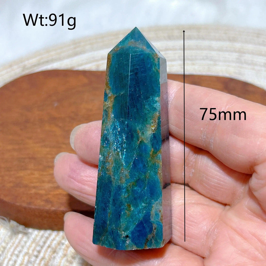 75mm blue flashy Apatite crystal tower, a 91g natural gemstone point for Reiki healing and beautiful home decor.