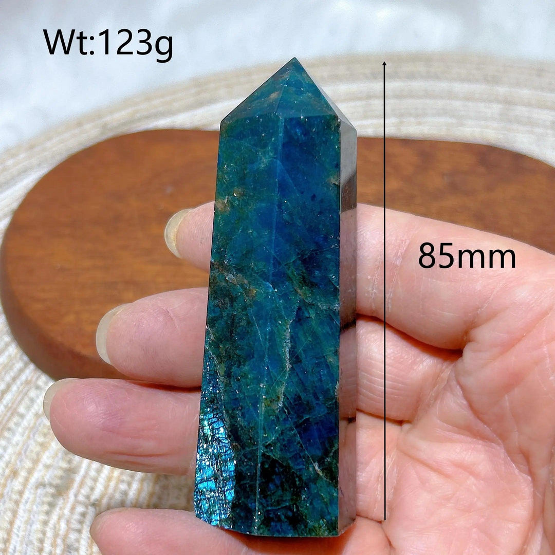 85mm natural blue flashy apatite crystal tower, a high-quality healing gemstone point for Reiki and home decor.