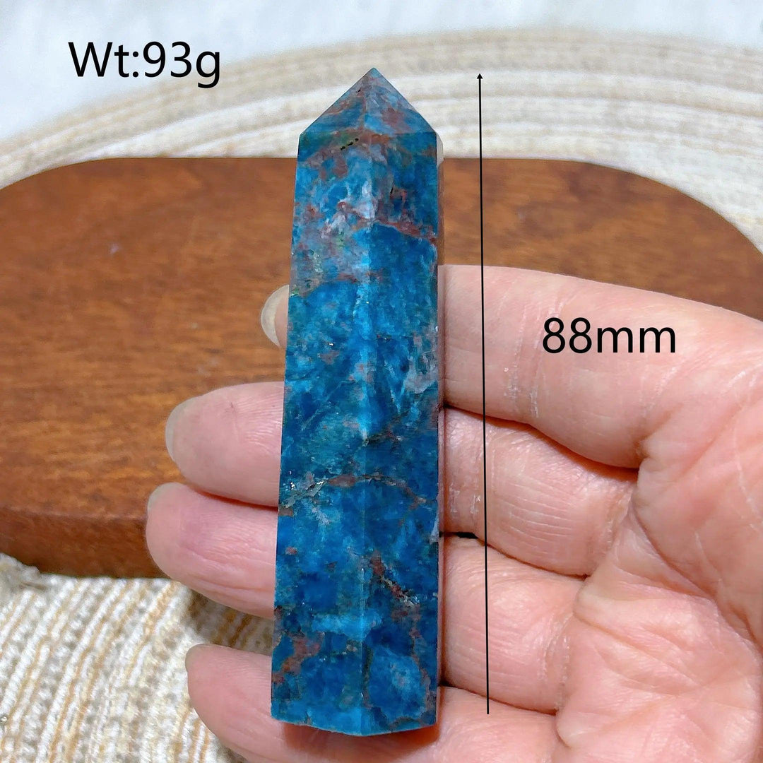 88mm natural blue flashy apatite crystal tower, a high-quality healing gemstone point for Reiki and home decor.