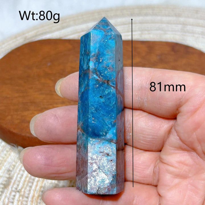 81mm natural blue flashy apatite crystal tower, an 80g polished gemstone point for healing, Reiki, and home decor.
