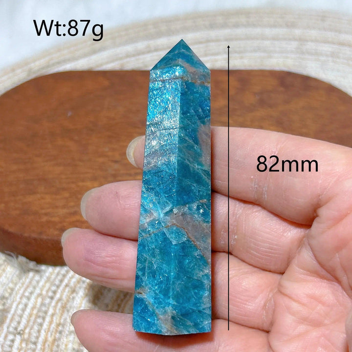 82mm natural blue flashy apatite crystal tower, an 87g polished gemstone point for reiki healing and home decor.