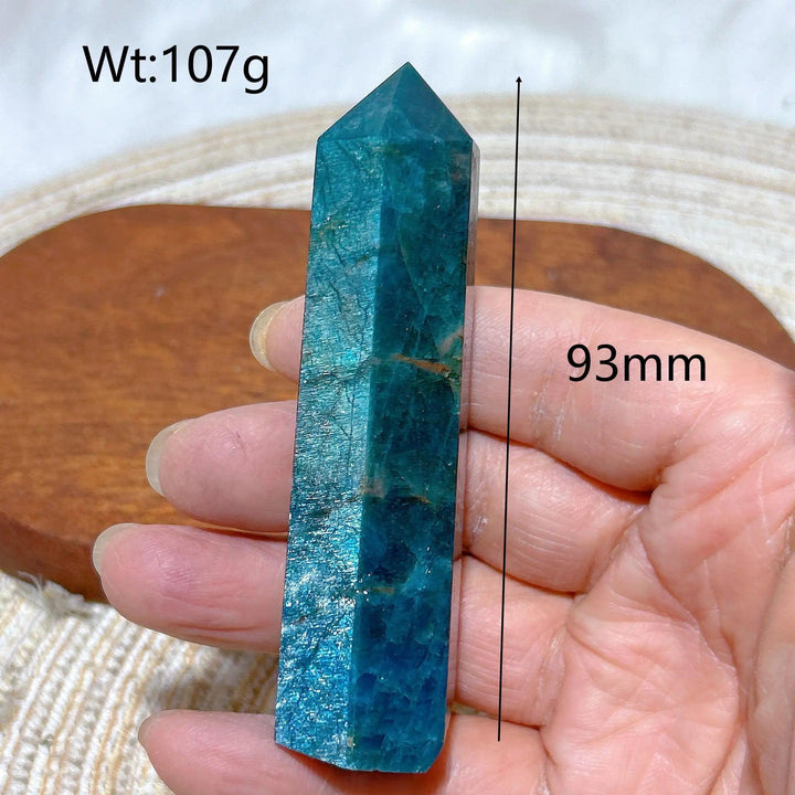 High-quality 93mm blue flashy Apatite tower, a natural healing gemstone crystal perfect for Reiki and home decor.