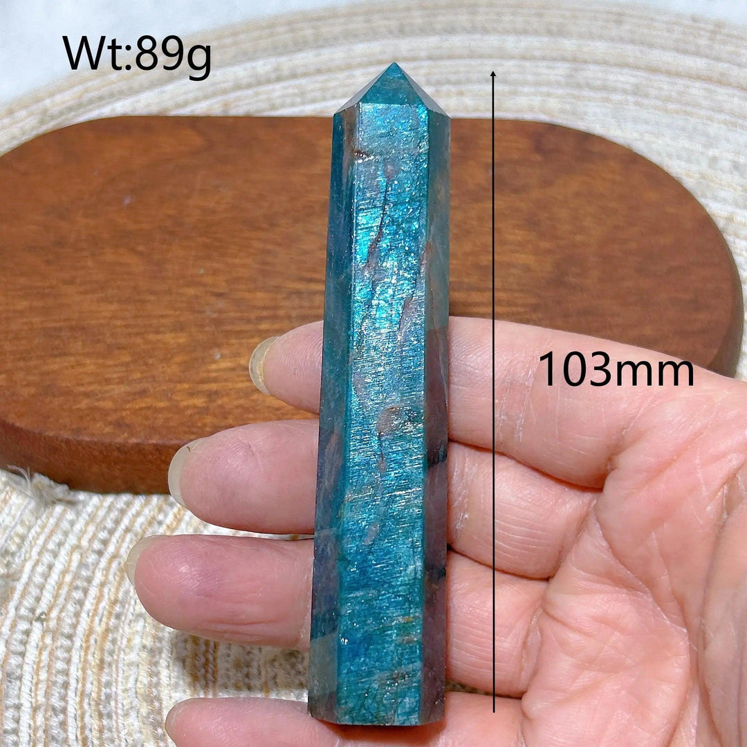 103mm flashy blue apatite crystal tower, an 89g natural healing gemstone point for Reiki and home decor.