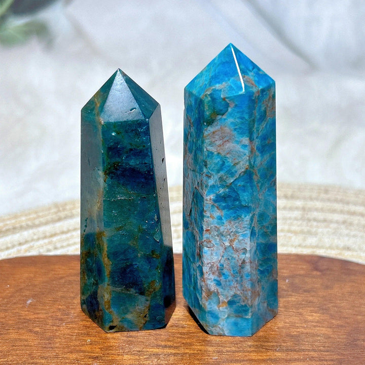 Two natural blue flashy apatite crystal towers with vibrant teal hues, perfect for Reiki healing and home decor.