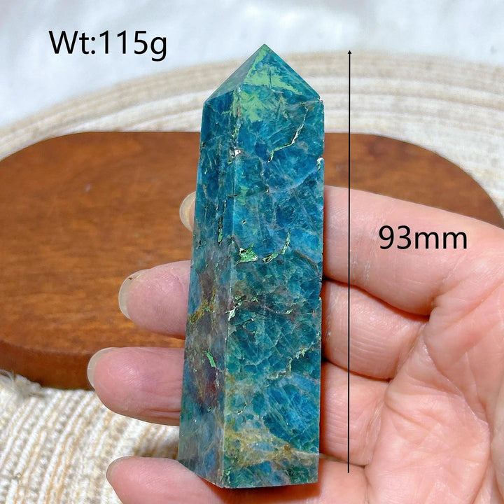 93mm natural blue flashy apatite crystal tower, a high-quality healing gemstone point for Reiki and home decor.