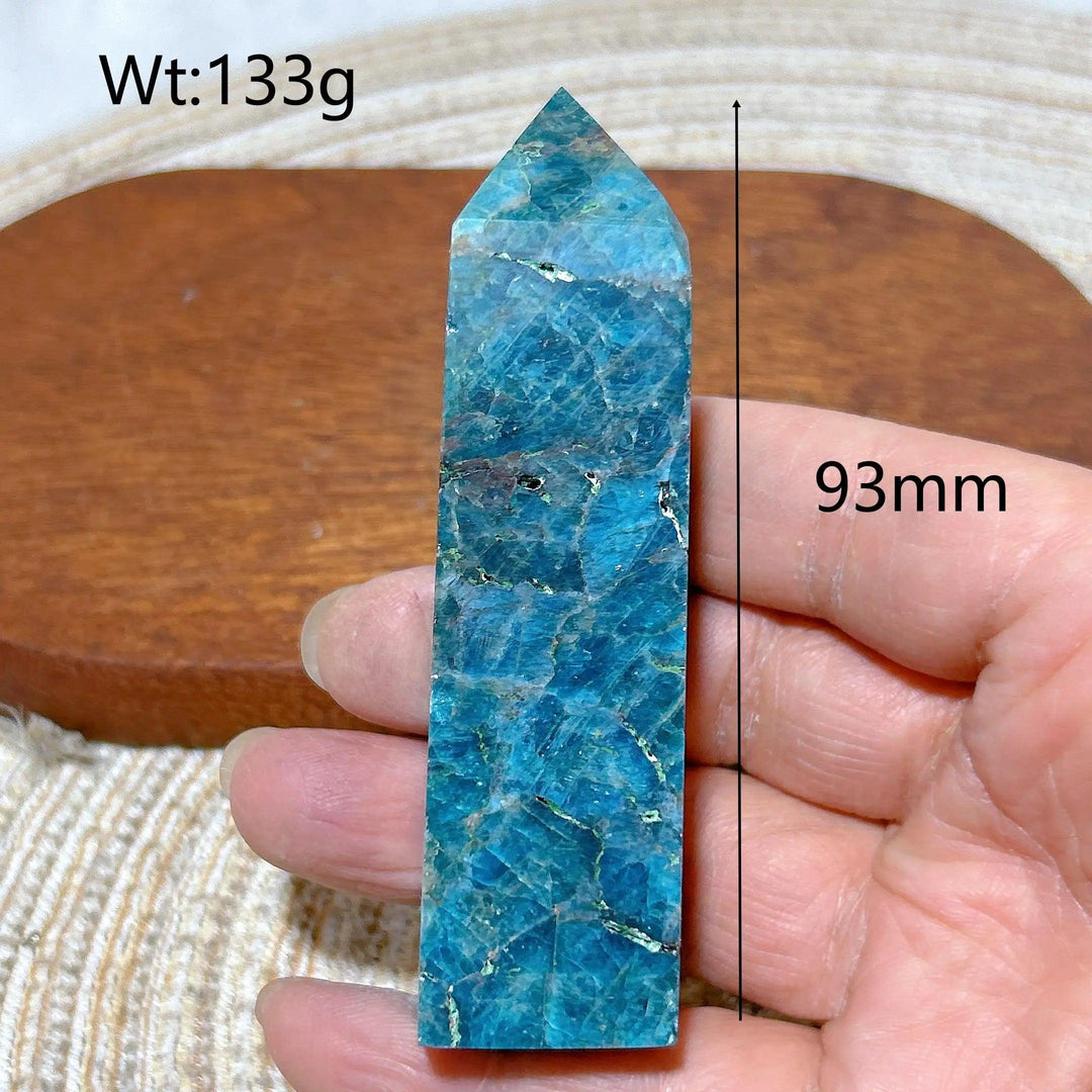 93mm flashy blue Apatite crystal tower, a high-quality natural gemstone point for Reiki healing and home decor.