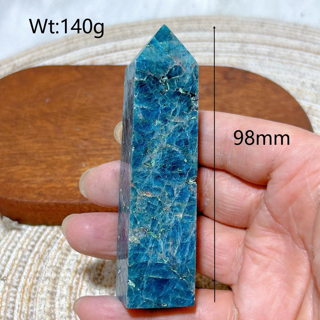 98mm flashy blue Apatite crystal tower, a high-quality healing gemstone point for Reiki and home decor.