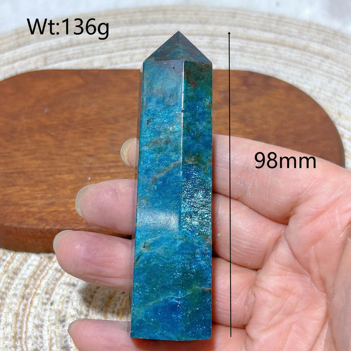 98mm flashy blue Apatite crystal tower, a high-quality natural gemstone for Reiki healing and home decor.