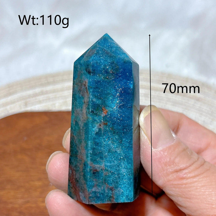 70mm blue flashy apatite crystal tower, a 110g natural gemstone point for Reiki healing and home decor.