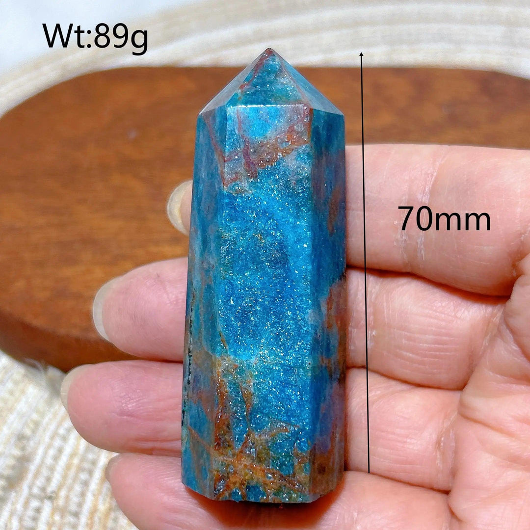 70mm Natural Blue Apatite crystal tower with flashy mineral inclusions, perfect for Reiki healing and home decor.